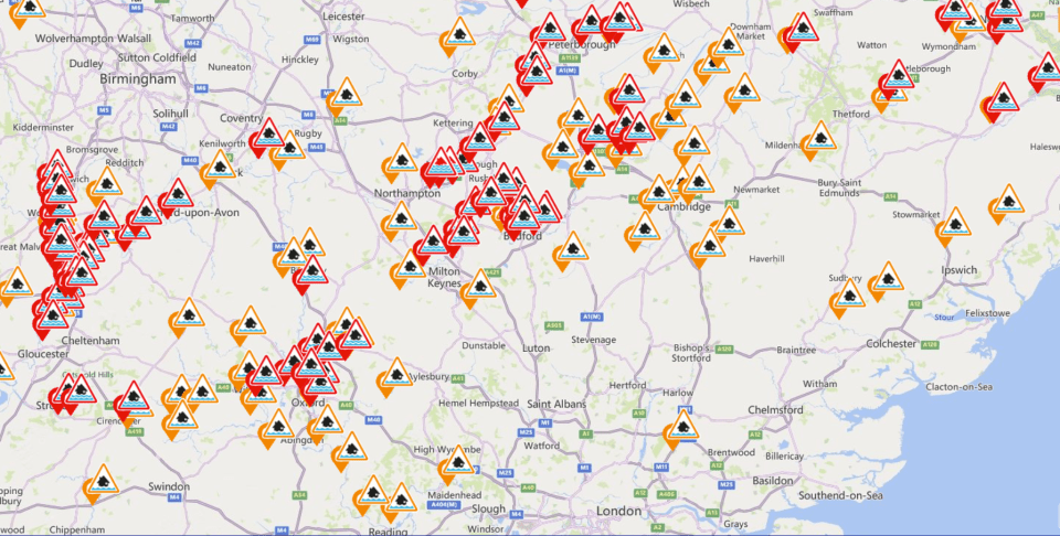 Across England, a total of 70 flood warnings and 99 flood alerts, as well as the three severe flood warnings are in place today