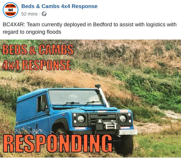 Beds & Cambs 4X4 Response team is also helping to evacuate residents