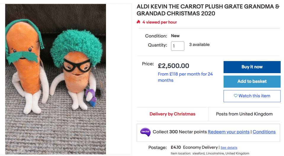 Aldi shoppers are flogging Kevin the Carrot toys for £2,500 on eBay a day after the items sold out in stores