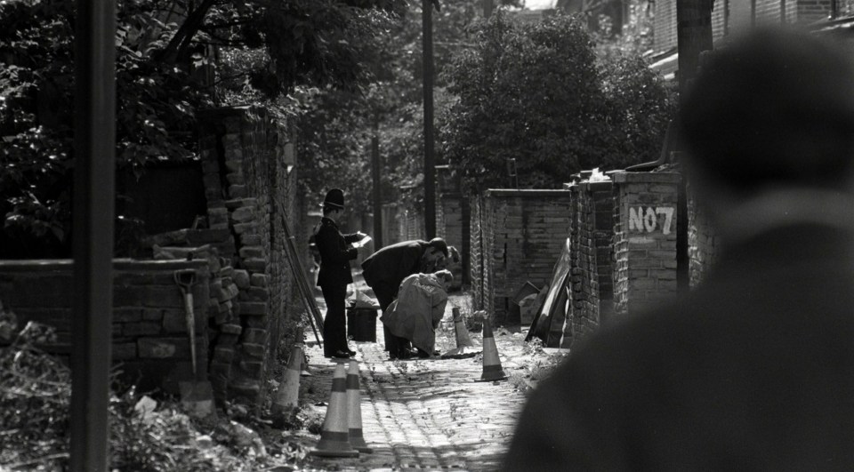 Investigators at the scene of Barbara Leach's murder in Bradford, West Yorks. - she was the first of three more Sutcliffe murders after Laptew raised the alarm about him