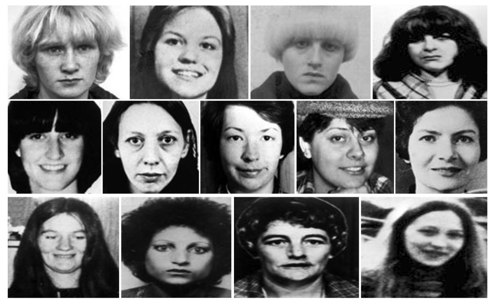 Sutcliffe's 13 victims - they are: (Top left to right) Wilma McCann, Jayne McDonald, Yvonne Pearson, and Patricia Atkinson; (middle left to right) Josephine Whitaker, Vera Millward, Jacqueline Hill, Barbara Leach and Marguerite Walls; (bottom row left to right) Irene Richardson, Helen Rytka, Emily Jackson and Jean Jordan