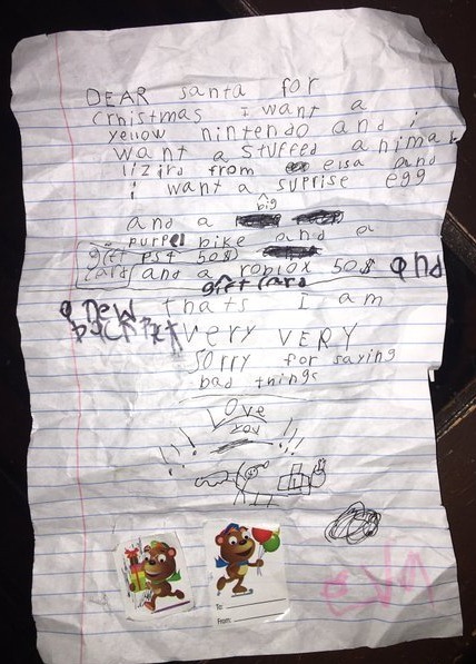 A woman shared her little sister's letter to Santa where she apologised for saying 'bad things'