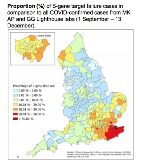 The map above shows how cases of the new variant are spreading from the south of England 