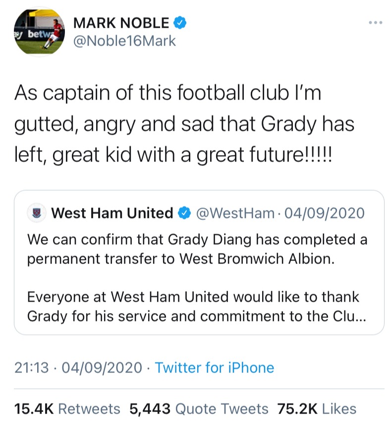 West Ham captain Mark Noble made his feelings clear after the club sold Grady Diangana to West Brom