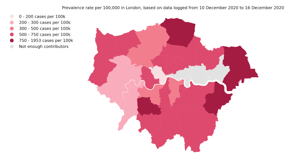 The map above shows London and the boroughs hardest hit by the virus are shaded in dark red