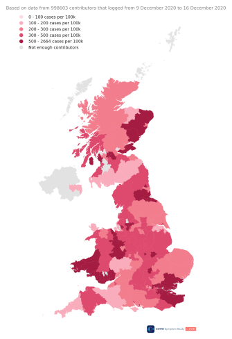 The map above shows the prevalence of cases across the UK - with areas shaded in dark red hardest hit 