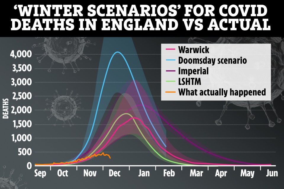 The 'worst case scenario' line (in blue) compared to other experts' predictions, with what really happened in black