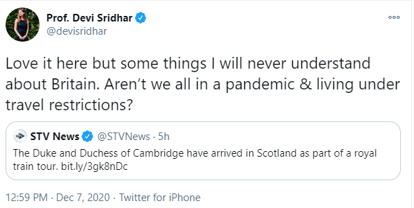 Prof Devi Sridhar tweeted about the decision to allow the royals into Scotland