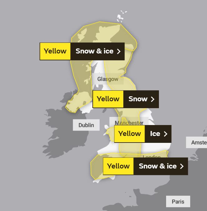 There are four warnings in place stretching across the UK tomorrow