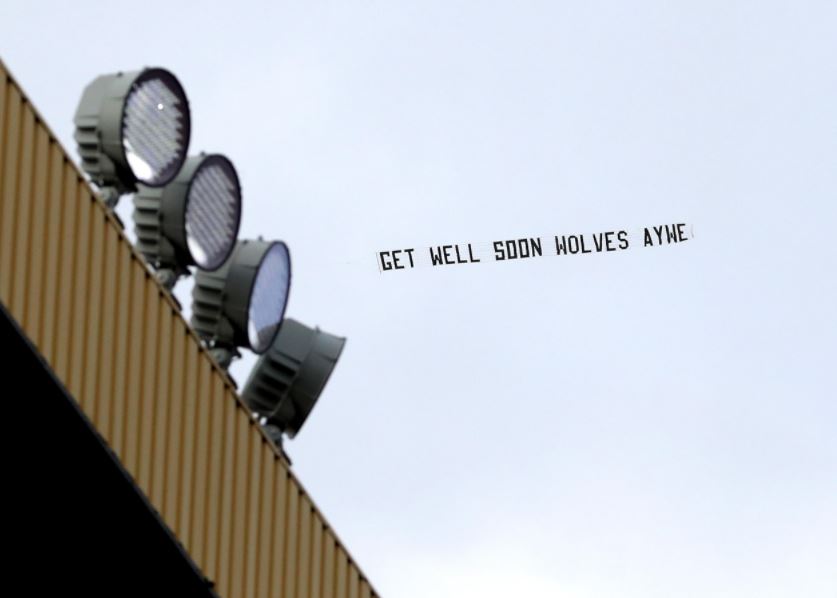 A ‘get well soon’ banner was flown over Molineux before Wolves’ game against Villa