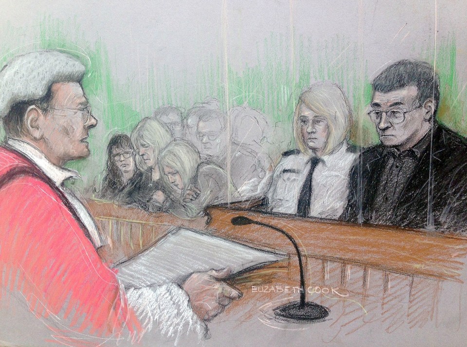 A court artist sketch of Hampton in the dock at Bristol Crown Court. He was caged for life after pleading guilty to murder