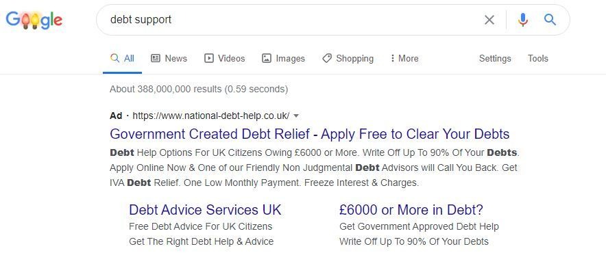 Google sponsored ads may suggest a company is offering government support