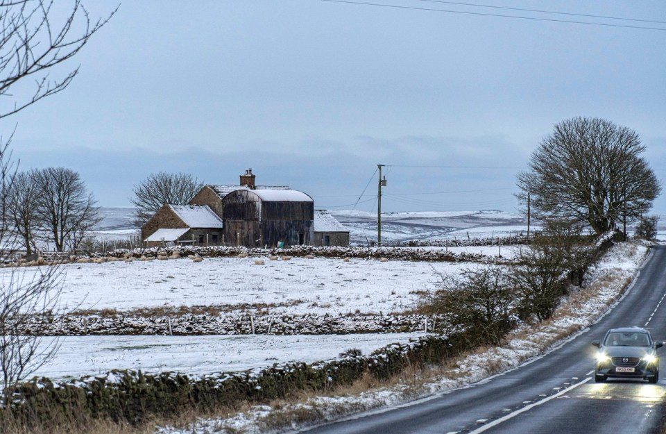 Snow on the ground in Allendale, Northumberland yesterday morning