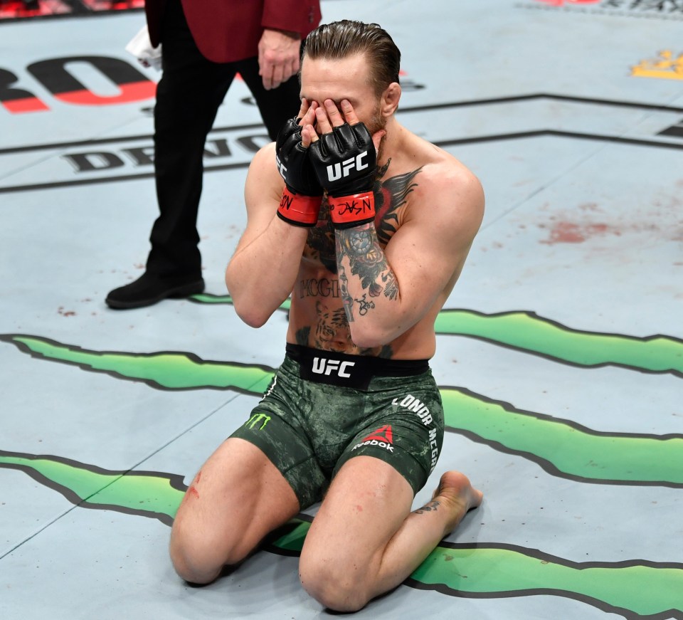 A speechless McGregor falls to his knees after his stunning win over Cerrone