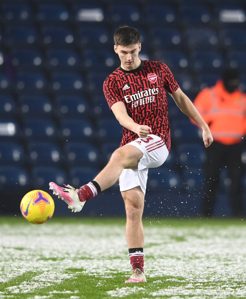 Kieran Tierney braved the conditions during Arsenal's warm-up at West Brom