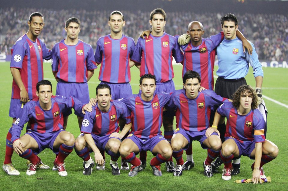 Belletti (bottom left) was a Barca team-mate of Ronaldinho (top left) and Puyol (bottom right)