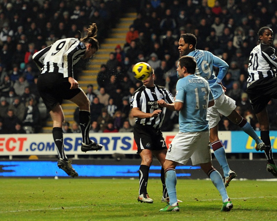  Carroll heads home for Newcastle against Man City in 2010