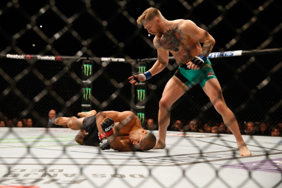 Jose Aldo is knocked out by McGregor in 2015, who won and unified the UFC Featherweight Championship