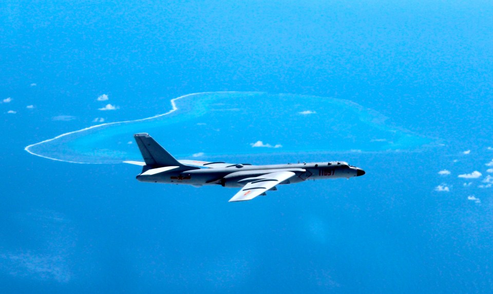 A Chinese H-6K bomber patrols the islands and reefs in the South China Sea