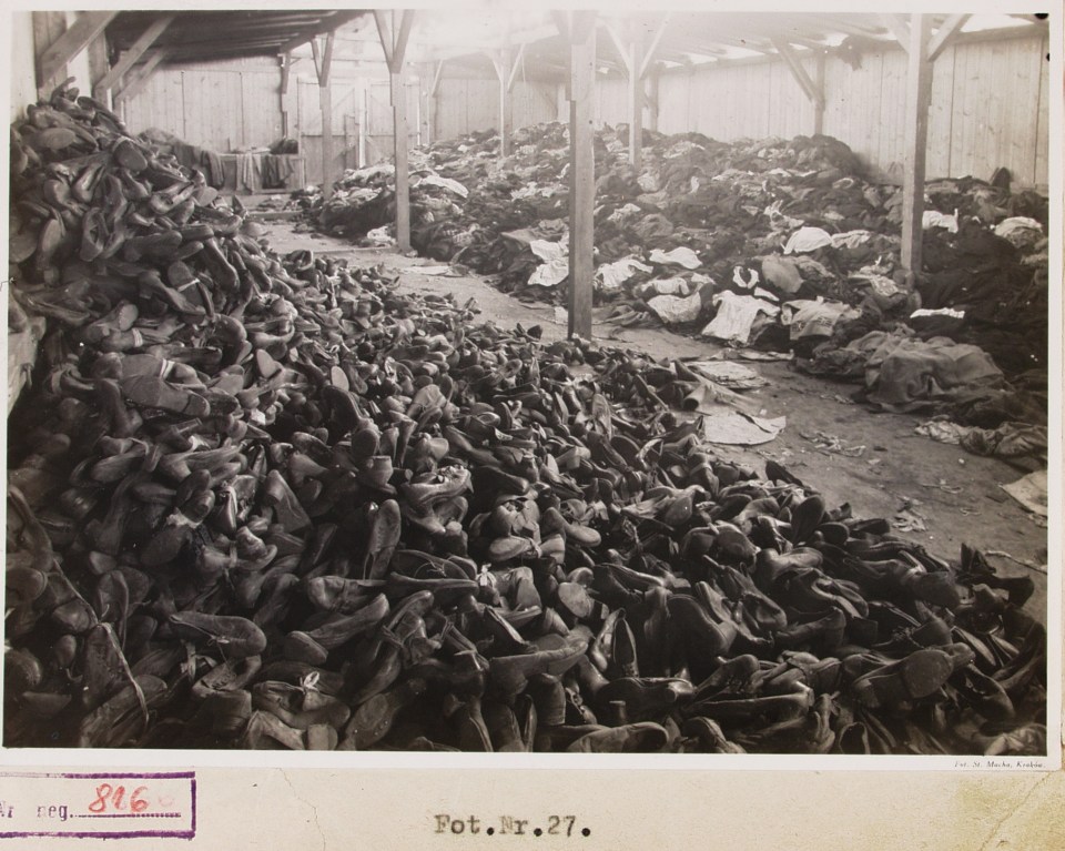 Piles of shoes and clothes that belonged to people brought to Auschwitz for extermination at the former German Nazi concentration and extermination camp KL Auschwitz-Birkenau in Oswiecim, Poland, 1945