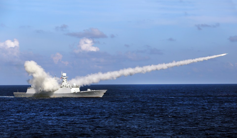 A Chinese ship launches an anti-ship missile during a military exercise in the South China Sea