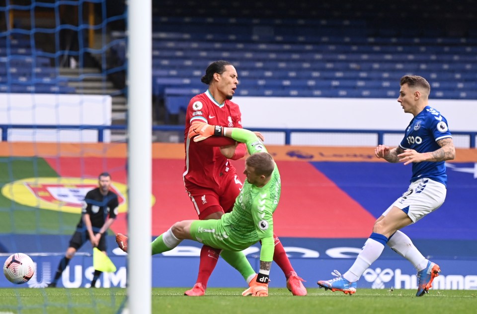 The Everton keeper's knee high challenge on Virgil van Dijk has kept the Liverpool star out all season