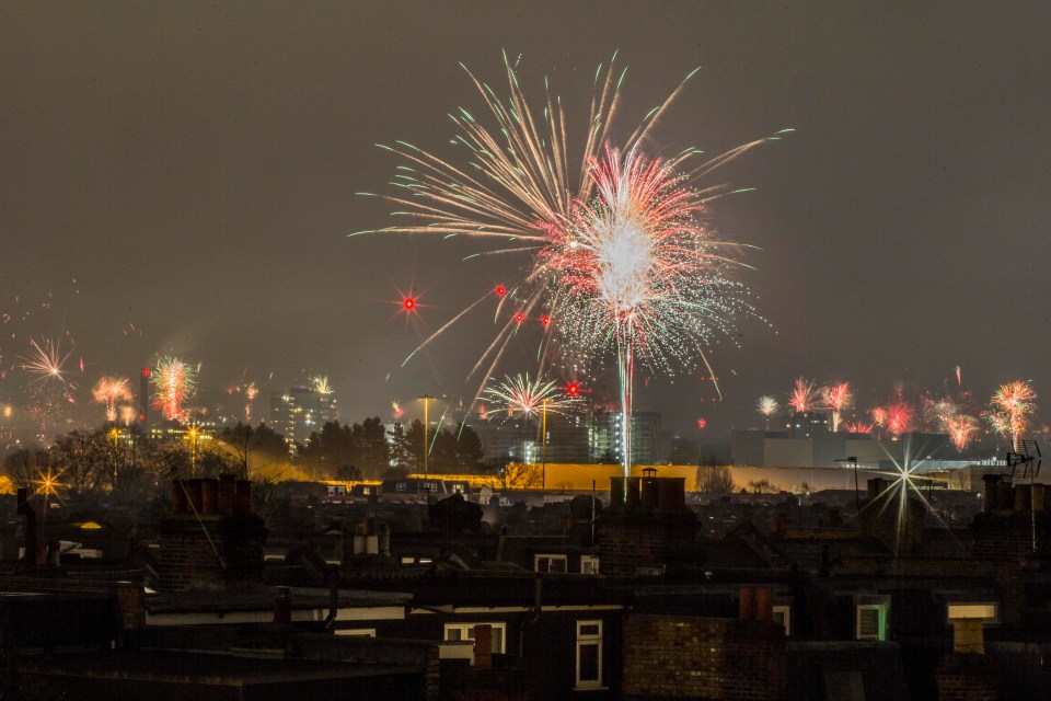 Fireworks from a private garden over South West London at midnight