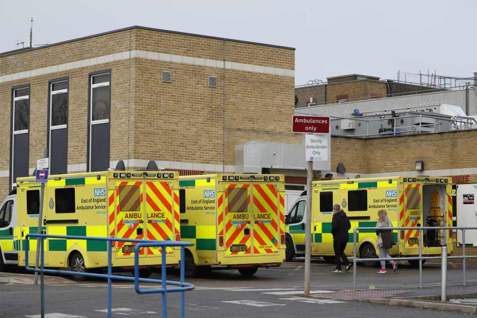 Ambulances are parked outside Southend University Hospital in Essex