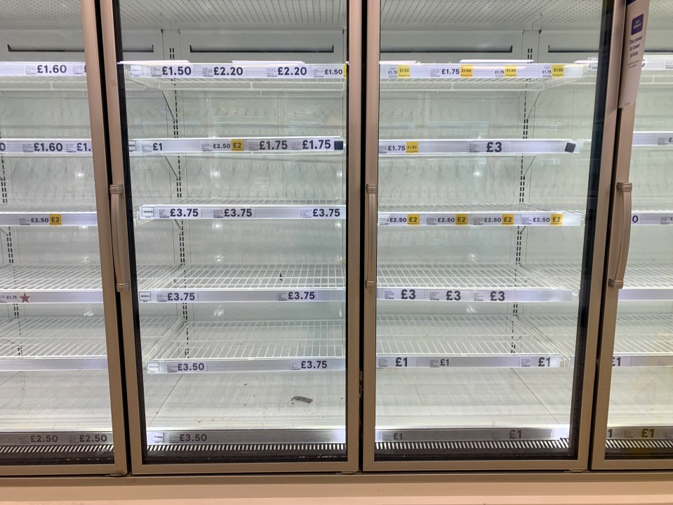 Empty frozen food shelves in Tesco in Huntingdon, Cambridgeshire