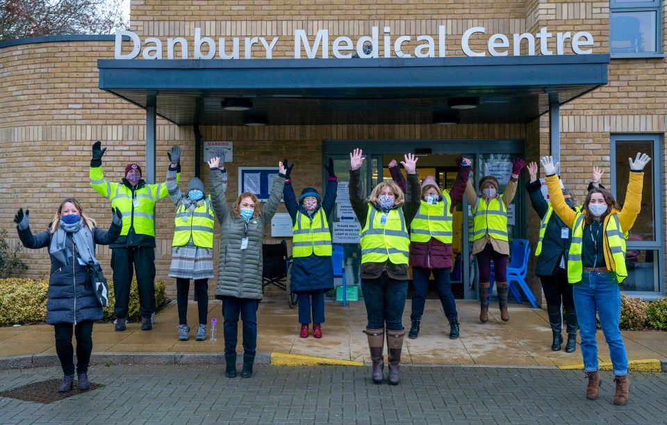 The Sun's Jabs Army at the Danbury Medical Vaccination Centre. Back row: Vince Atkinson; Christine Warnes; Emer Stevenson; Lindsey Sharp; Ondri Kuhl. Front row: Alison Kerren; Stephanie Smith; Mandy Hessing; Lexie Lawrence, Liz Hiscock