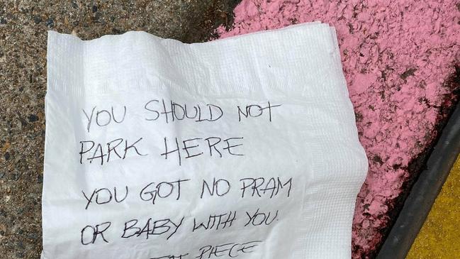 The mum was horrified to find the note calling her a 'fat piece of s***' attached to her tyres