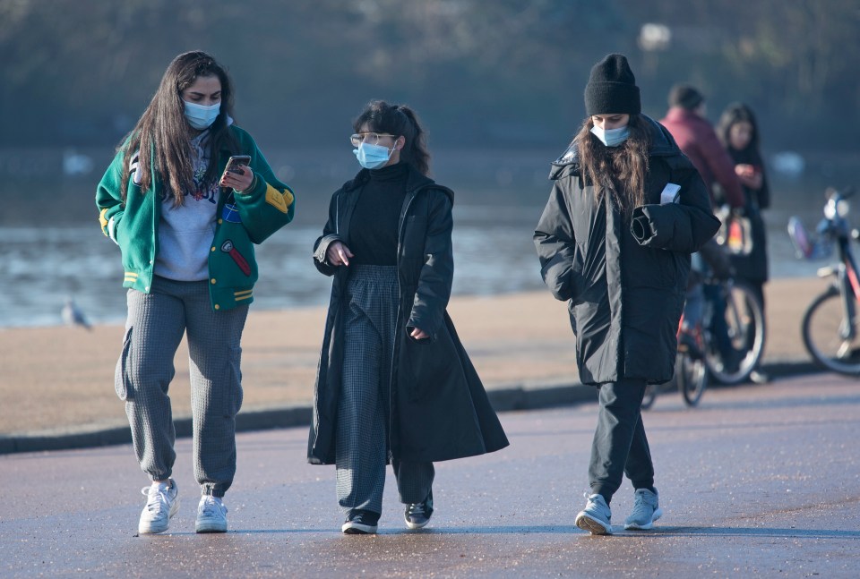 Friends in face masks walk outside