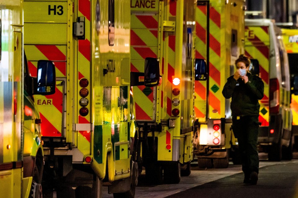 Hospitals in the south are stretched. Pictured: Ambulances wait for assignments after dropping off at the Royal London Hospital 