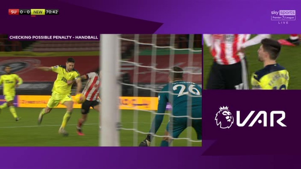 VAR ruled that Newcastle's Federico Fernandez handled in the area 