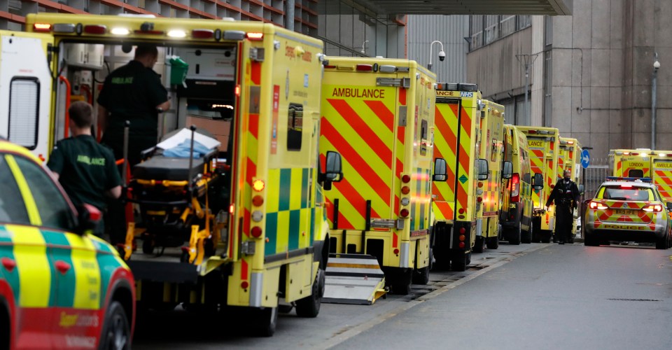 Ambulances queue at the Royal London Hospital in the capital today