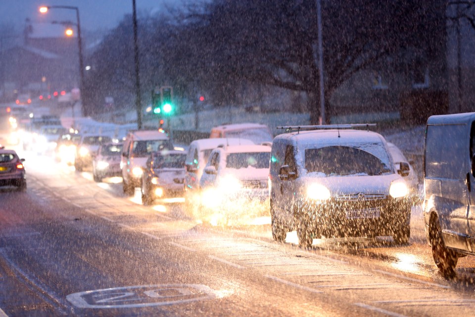 Cars battled to make their way through heavy snowfall in Saltaire, West Yorkshire