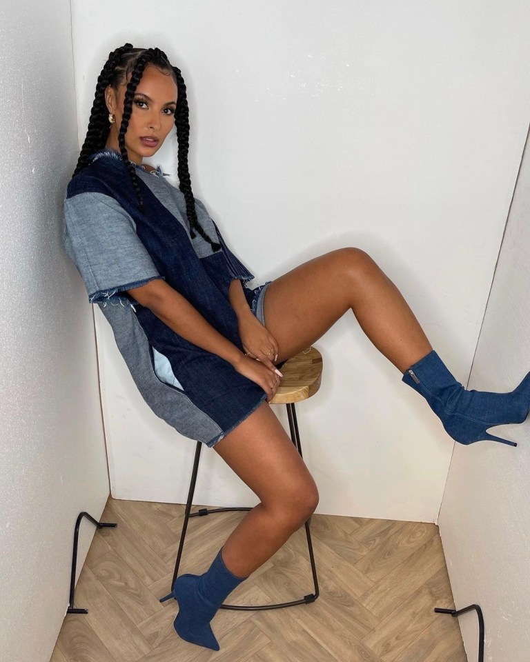 Maya Jams stuns in a patchwork denim dress and matching boots