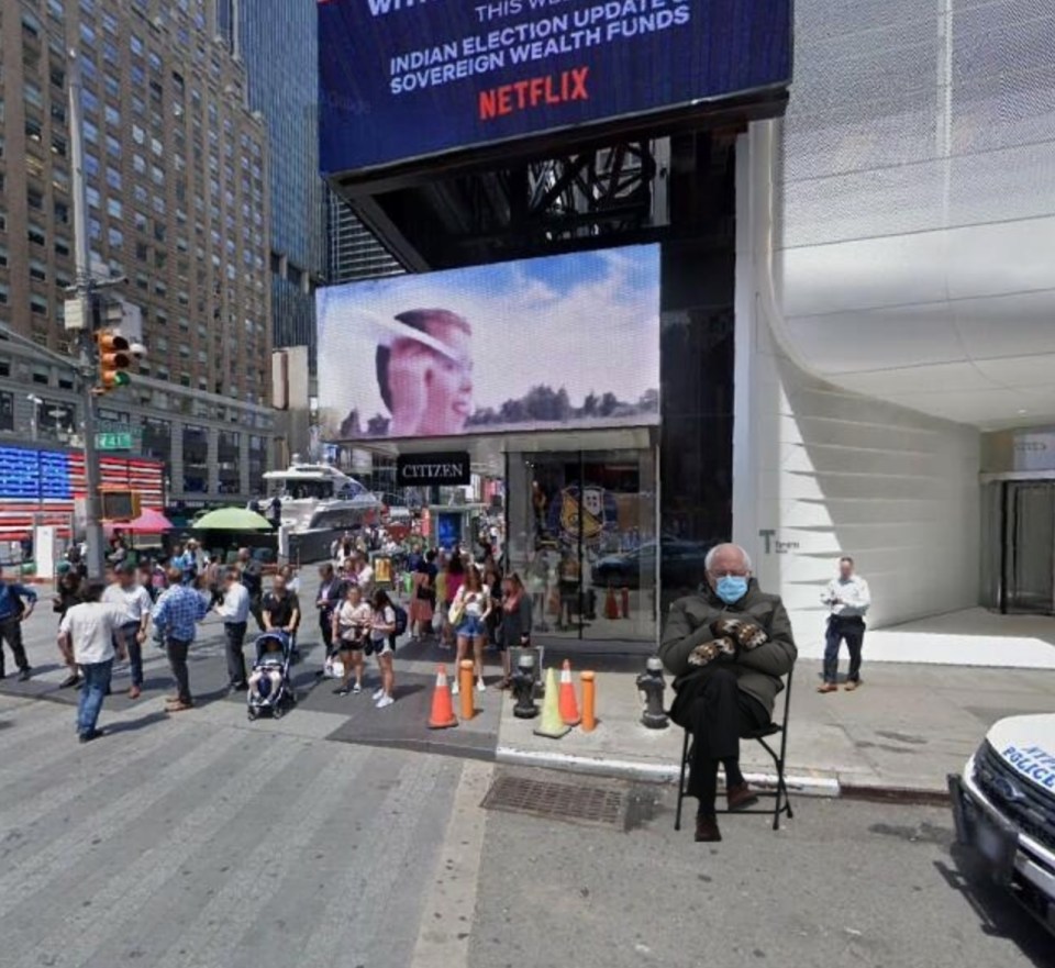 Bernie at Time Square in New York