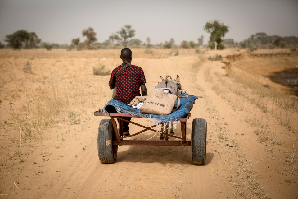 Mamadou Kassé, 29, a vaccinator at the Sofara community health centre, travels for miles by donkey cart in 2019 to reach the remote Kankelena village in Mali, where families are waiting with their children for vaccines