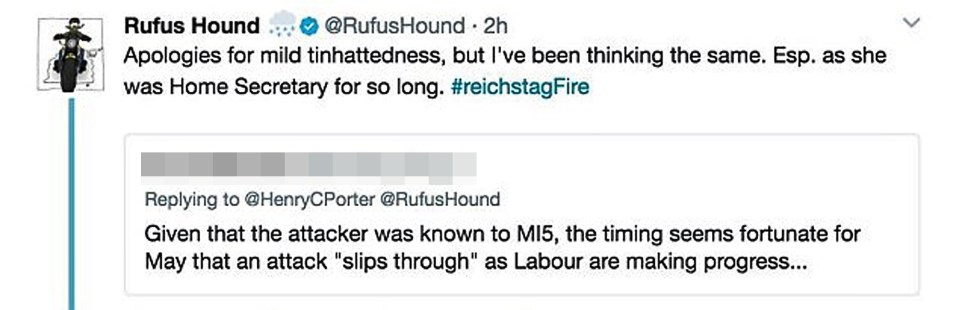 Hound posted comments suggesting then-PM Theresa May orchestrated the attacks to help the Tories win the election