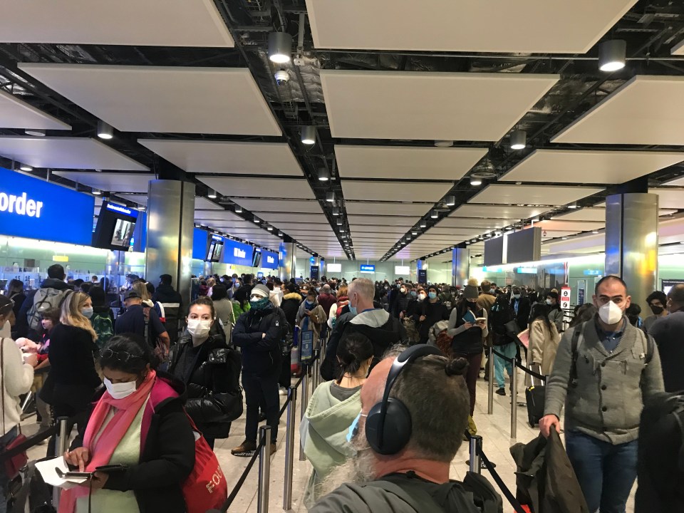 Scenes from Heathrow Airport this week, where long queues built up in the arrivals hall due to new rules requiring all travellers provide negative Covid test results