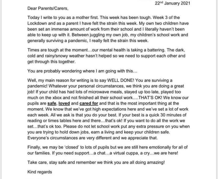 Mums were left in tears over a sweet letter sent by a headteacher of a school