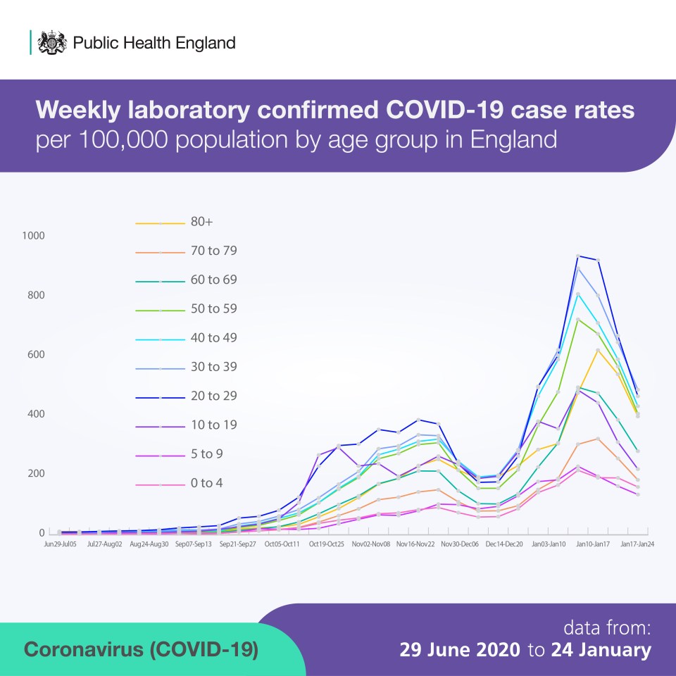 The graph above shows how cases of Covid-19 have fallen across all age groups 