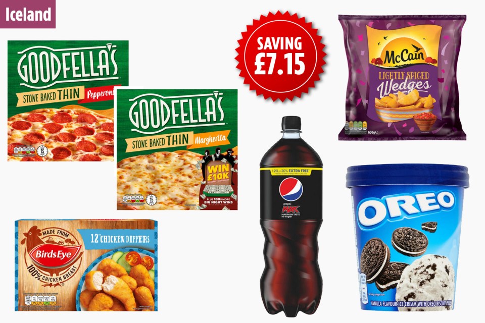 Iceland's meal deal includes two pizzas, one chicken dish, wedges, a drink plus ice cream