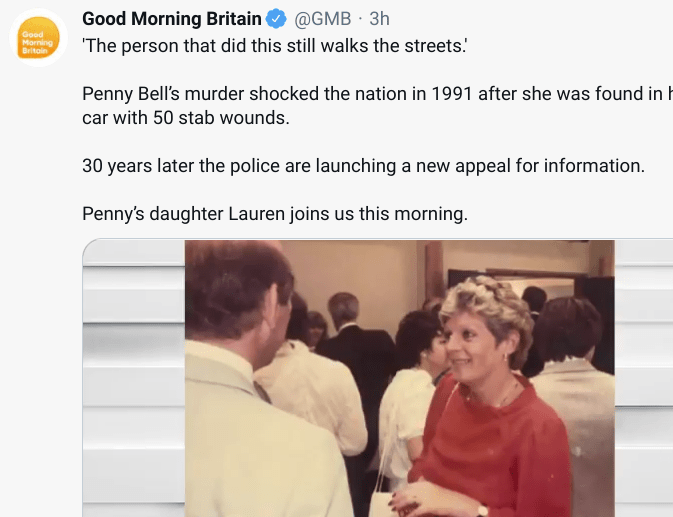 GMB has highlighted the unsolved murder of Penny Bell