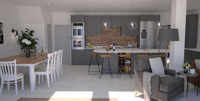 A front facing render of the kitchen