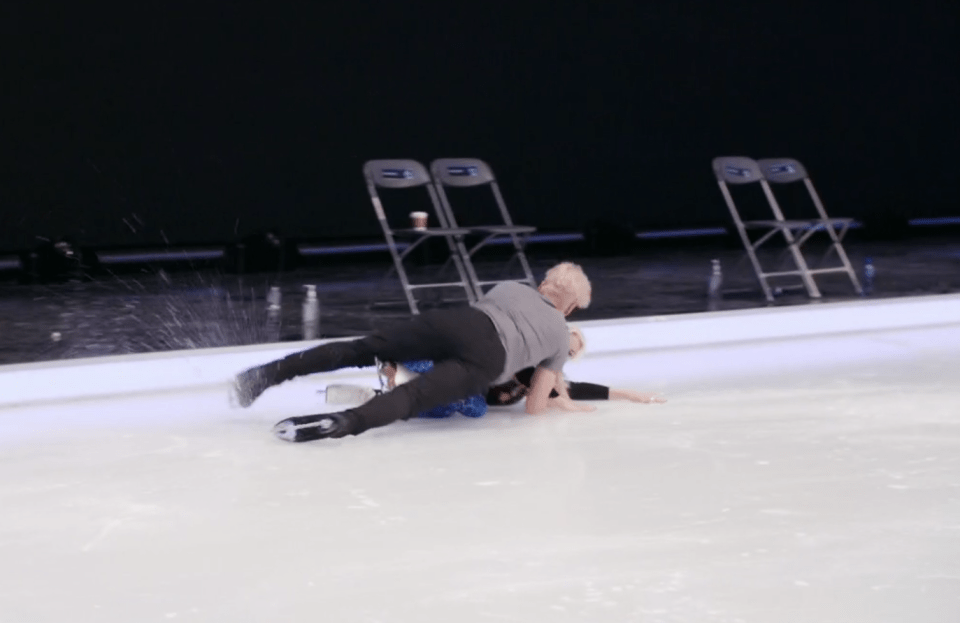 Matt fell on top of the actress after she crashed onto the ice in training