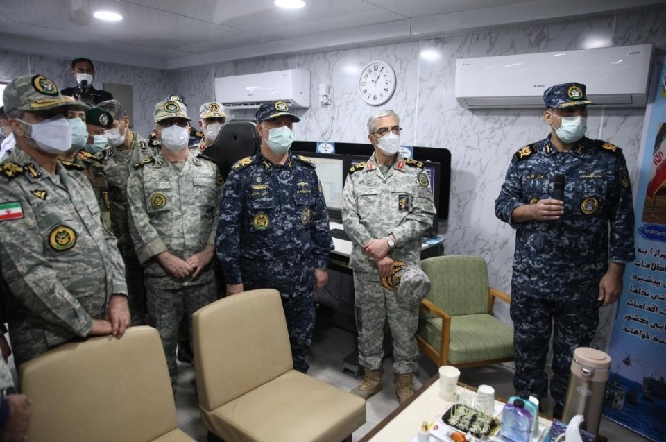 Iranian Chief of General Staff Mohammad Bakri (2nd from right) watches the naval drill today