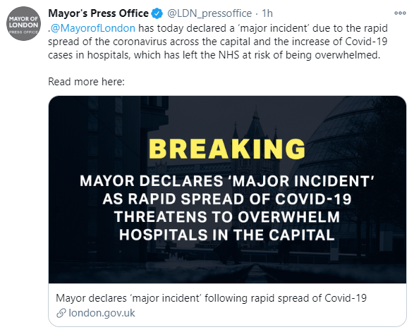 The Mayor of London declared the incident due to the increasing pressure on hospitals 