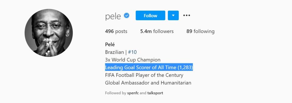 Pele has changed his Instagram bio after Cristiano Ronaldo overtook him on official goals